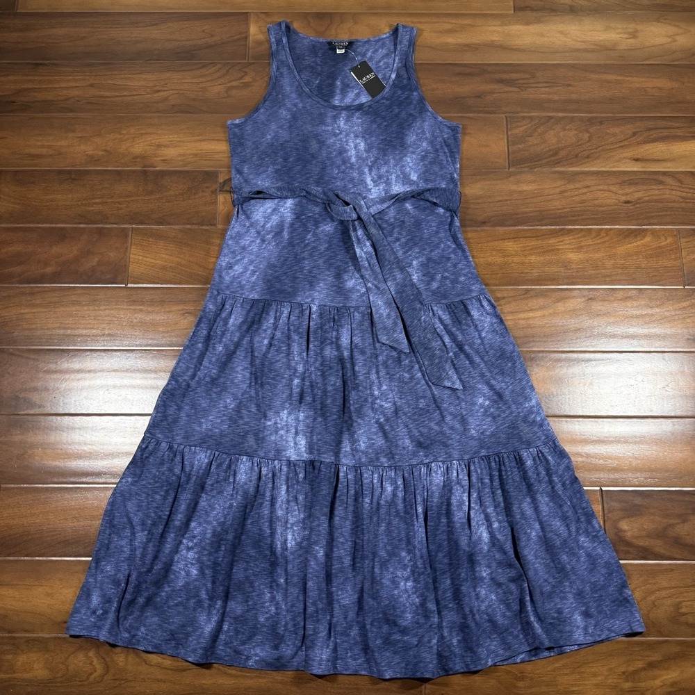 Lauren Ralph Lauren Size Large Blue Print Belted Slub Jersey Tiered Midi Dress